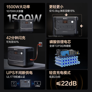 电小二户外移动电源【1度电】汽车应急启动1500W大功率1070Wh大容量便携露营1000Pro2太空灰补电套装