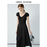 VEGA CHANG短袖连衣裙女2025新款夏季通勤百搭休闲薄款肌理感长裙 简约黑