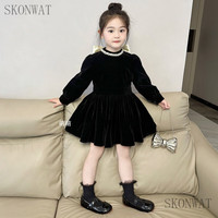 SKONWAT韩国童装2024秋季新款黑色蝴蝶结丝绒连衣裙女童赫本风气质公主裙 蝴蝶小黑裙 90 (关注店铺优先发货)