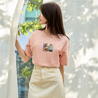佐丹奴联名T恤女夏季纯棉复古油画风印花短袖上衣女99394137 17粉色 L