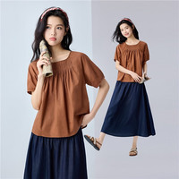 佐丹奴亚麻衬衫女夏季透气棉麻打揽圆领插肩短袖衬衫05345478 03棕色 L