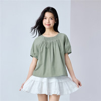 佐丹奴亚麻衬衫女夏季透气棉麻打揽圆领插肩短袖衬衫05345478 41芥末绿 M