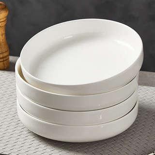 千夜盘子家用碗盘餐具简约纯白菜盘大容量饭盘深盘汤盘圆盘草帽盘 【加深】8英寸圆盘【4个】