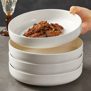 千夜盘子家用碗盘餐具简约纯白菜盘大容量饭盘深盘汤盘圆盘草帽盘 【加深】8英寸圆盘【4个】