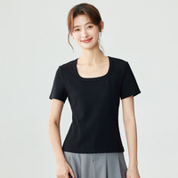茵曼(INMAN)时尚基础纯色U领短袖T恤女2025夏季百搭舒适显瘦上衣 午夜黑 S