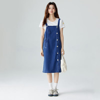 茵曼（INMAN）牛仔连衣裙女2025年夏季新款两件套小个子纯棉显瘦中长裙子 深牛仔蓝 S
