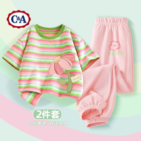 C&A女童套装2025女大童运动服短袖夏季条纹多巴胺儿童夏装女 靓颜花_右下甜心绿+桃花K嫩粉 160