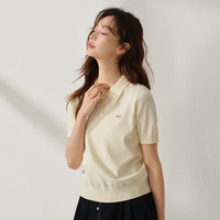 茵曼（INMAN）简约POLO领短袖针织衫女2025夏季舒适透气学院风薄款上衣 浅杏白 S