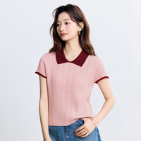 茵曼(INMAN)撞色POLO领薄款针织衫女2025夏季气质时尚洋气短袖上衣 皮粉色 S