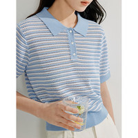 茵曼(INMAN)【商场同款】条纹POLO领薄针织衫2025夏季女装新款短袖上衣 彩蓝色 S