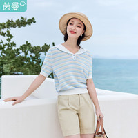 茵曼(INMAN)减龄针织衫2025夏女装新款海军领泡泡袖短袖横条纹上衣18322213 蓝白条-18322213H1 S