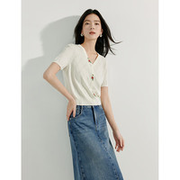 茵曼(INMAN)设计感绣花V领短针织衫2025春季女装新款气质小众短袖T恤上衣 象牙白 M