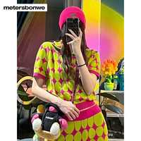 美特斯邦威短袖毛衣女夏季时尚毛针织衫拉链领口双立领纯棉上衣