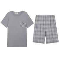 男士睡衣套装100%纯棉夏薄款圆领短袖舒适透气可外穿家居服男