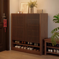 锦需实木鞋柜家用门口入户收纳柜一体靠墙室内大容量多层楼道外电梯口 胡桃色 140x35x115cm 格栅门板