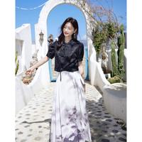 新中式气质国风套装短袖衬衫女春季水墨半身裙子设计感两件套