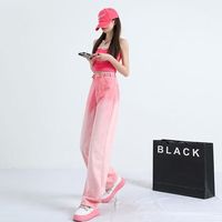 LPOX粉色牛仔裤女2025年夏季薄款高腰宽松显瘦阔腿渐变色小众拖地裤子 粉色渐变九分 M