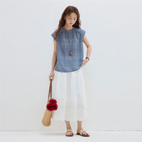 佐丹奴条纹衬衫女夏季减龄收褶小立领半开襟飞袖衬衫18345813 L