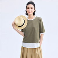 佐丹奴T恤女装纯棉针织条纹拼接下摆中袖圆领T恤 13324210 20 蓝/白 M