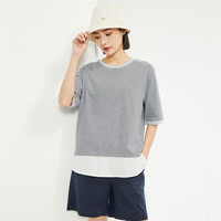 佐丹奴T恤女装纯棉针织条纹拼接下摆中袖圆领T恤 13324210 20 蓝/白 XL