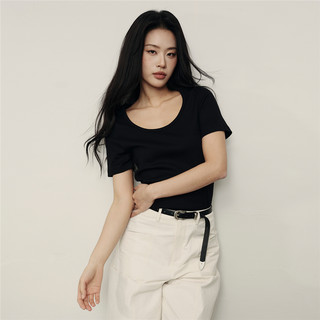 【韩国明星同款】佐丹奴夏季弹力U型领修身短袖T恤女05325557 01 白色-纯色 M