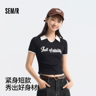 森马 SemirPOLO衫女短款撞色2024夏季辣妹U领上衣美式复古字母T恤 奶白10501 175/96A/XXL