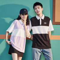 唐狮夏季装Polo衫男女短袖男生拼接有翻领T恤白色宽松学院潮 S 女款夜蓝/B款