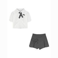 纯欲风短款泡泡袖衬衫套装女夏高腰蝴蝶结包臀半身裙辣妹短袖上衣