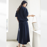 对白气质纯棉衬衫套装裙女2025夏泡泡袖衬衣A字裙优雅两件套 深藏青 L