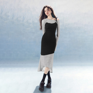 EPTISON针织连衣裙女2025春季黑色修身不规则辣妹高级感长裙 黑色<> M