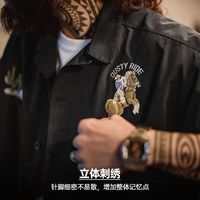 马登 MADEN工装 美式复古巴领衬衫刺绣纯棉衬衣vintage短袖外套男夏 曜石黑 oversize