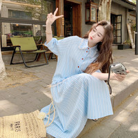 小清新蓝色条纹衬衫连衣裙女夏2025设计感蕾丝花边拼接A字裙