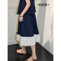 阔色(kuose)蓝色蕾丝两件套装无袖上衣半身裙子2025春夏日穿搭款女外穿背心 藏蓝色半身裙3008 S