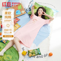 红豆 【100%棉】春夏卡通印花甜美可爱女士短袖睡裙圆领纯棉中长裙 甜心粉 L 170/92A