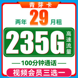 中国电信 青芽卡 两年29元月租（235G全国流量+100分钟通话+首月免月租）送视频会员