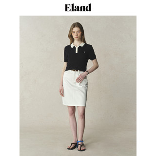 【莱赛尔＋亚麻】Eland衣恋针织T恤女polo领撞色门襟短袖25夏 象牙白/白色(39)Ivory 160/S