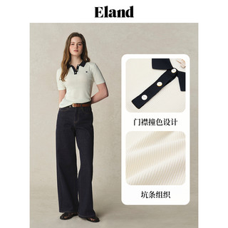 【莱赛尔＋亚麻】Eland衣恋针织T恤女polo领撞色门襟短袖25夏 象牙白/白色(39)Ivory 160/S