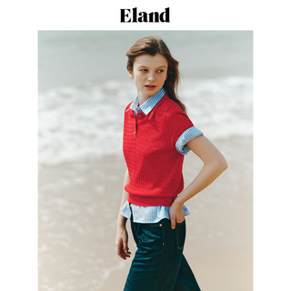 【棉棉冰】Eland衣恋短袖女针织T恤绞花毛衣POLO衫夏季款 象牙白/白色(39)I-A款EEKWE24E01 M/165