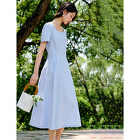 茵曼法式方领全棉连衣裙夏季女装百搭压褶收腰显瘦气质长裙粉蓝色  S
