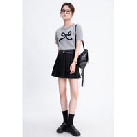 桂儿（guier）深蓝色毛针织衫女2025夏季宽松显瘦设计感撞色短袖 灰色 M