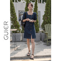 桂儿 guier 方领牛仔连衣裙2024新款夏季薄款法式初恋甜美裙子女 蓝色 S