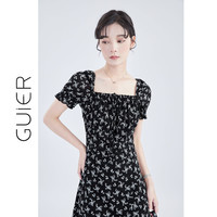 桂儿 guier 夏日限定 黑色碎花连衣裙女2025复古收腰显瘦裙子 黑色