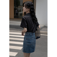 桂儿（guier）设计感皮扣牛仔半身裙2025年女高腰显瘦包臀a字短裙 蓝色 M