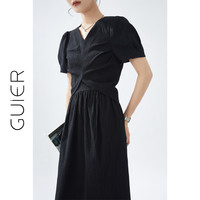 桂儿 guier 黑色V领连衣裙女夏季新款2025年褶皱肌理感法式气质裙子 黑色 S