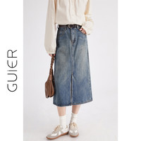 桂儿（guier）水洗磨白开叉牛仔半身裙女春秋2025高腰小众复古中长裙 蓝色 无腰带 S