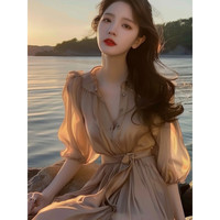 罗蒙（ROMON）连衣裙女装法式沙滩飘逸夏季气质名媛设计感小众雪纺衬衫中长裙子 卡其色 M 95-105斤