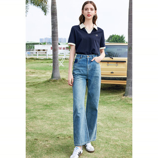 betu百图女装2025年夏季绣花撞色V领Polo衫纯棉短袖T恤上衣 杏色 XS