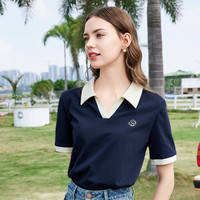 betu百图女装2025年夏季绣花撞色V领Polo衫纯棉短袖T恤上衣 宝兰 XS