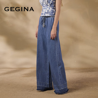 GEGINA吉吉娜2025早春季松紧腰蓝色牛仔裤显瘦高级宽松阔腿裤