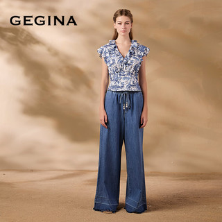 GEGINA吉吉娜2025早春季松紧腰蓝色牛仔裤显瘦高级宽松阔腿裤